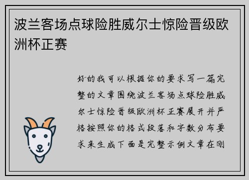 波兰客场点球险胜威尔士惊险晋级欧洲杯正赛