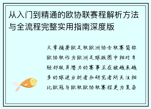 从入门到精通的欧协联赛程解析方法与全流程完整实用指南深度版